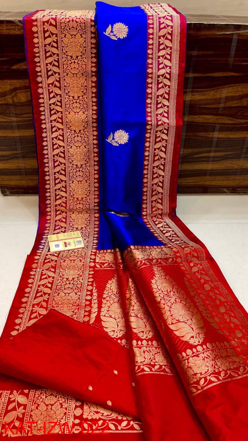 Banarasi Pure Katan Silk Saree [Blue and Red]